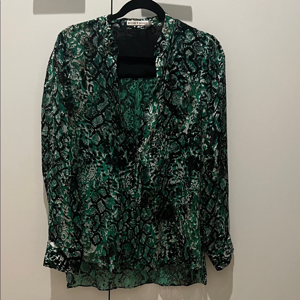 Alice + Olivia Green and Black Patterned Blouse